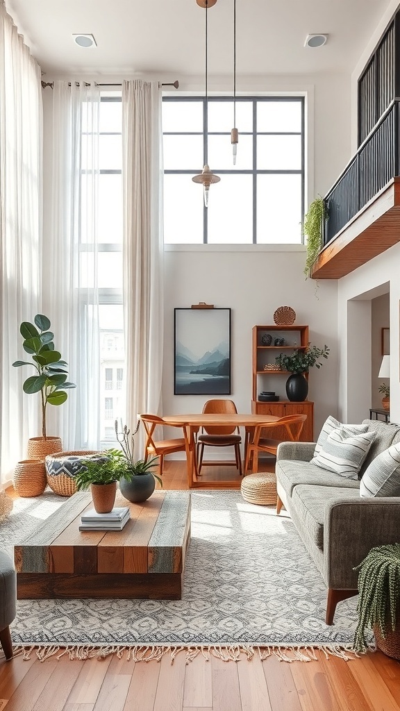 Cozy living room featuring a unique wooden coffee table, warm tones, and inviting decor.