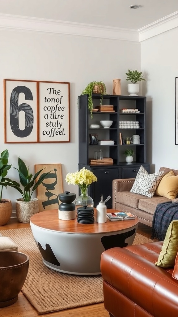 A stylish living room featuring a unique round coffee table with storage, surrounded by cozy furniture and decor.