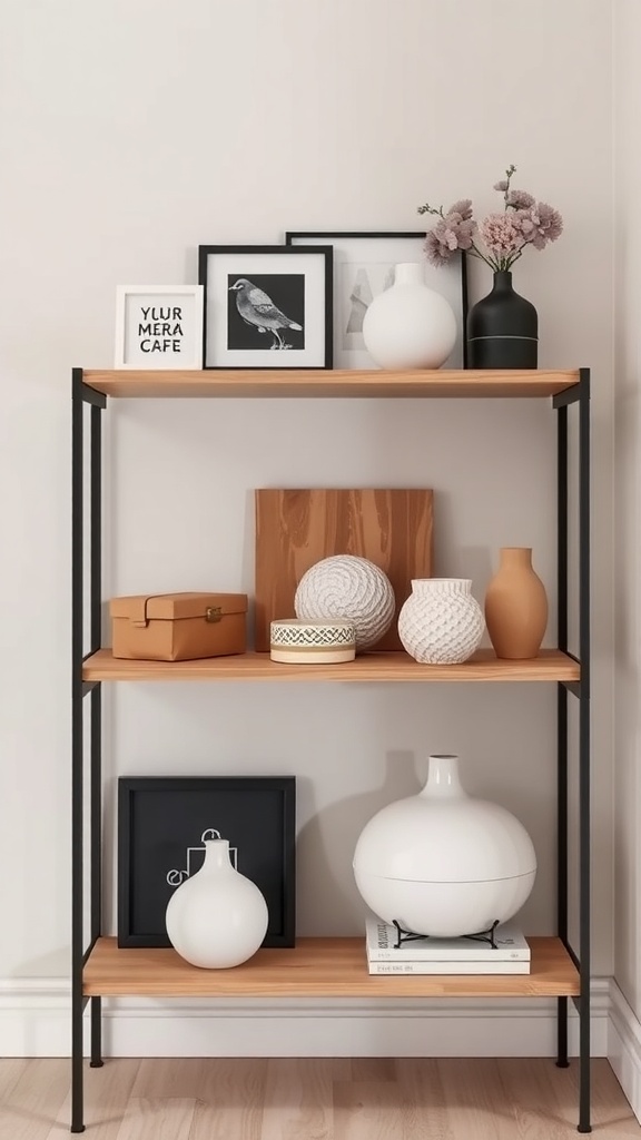 A modern shelf displaying various decorative items including vases, a box, and framed art.