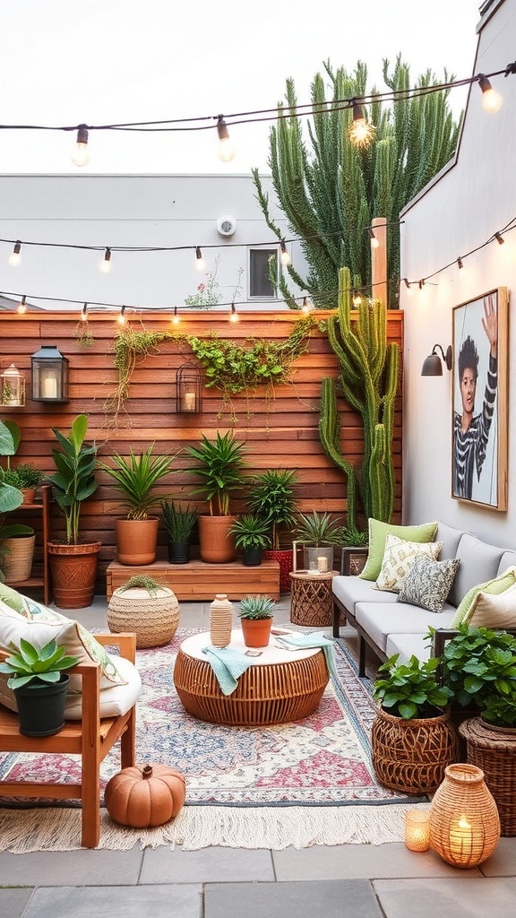 A cozy patio with plants, string lights, and comfortable seating.