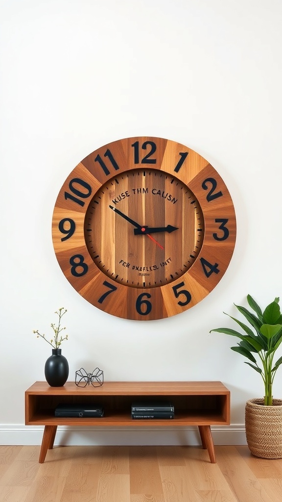 A large wooden wall clock with bold black numbers and a simple design, hanging on a white wall.