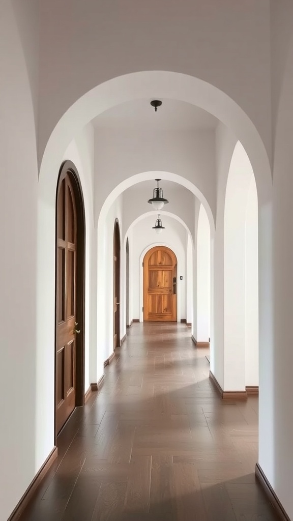 A hallway featuring elegant arches and wooden doors, creating a warm and inviting atmosphere.