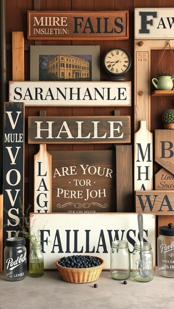A collection of wooden farmhouse signs with various texts and a rustic decor setup.