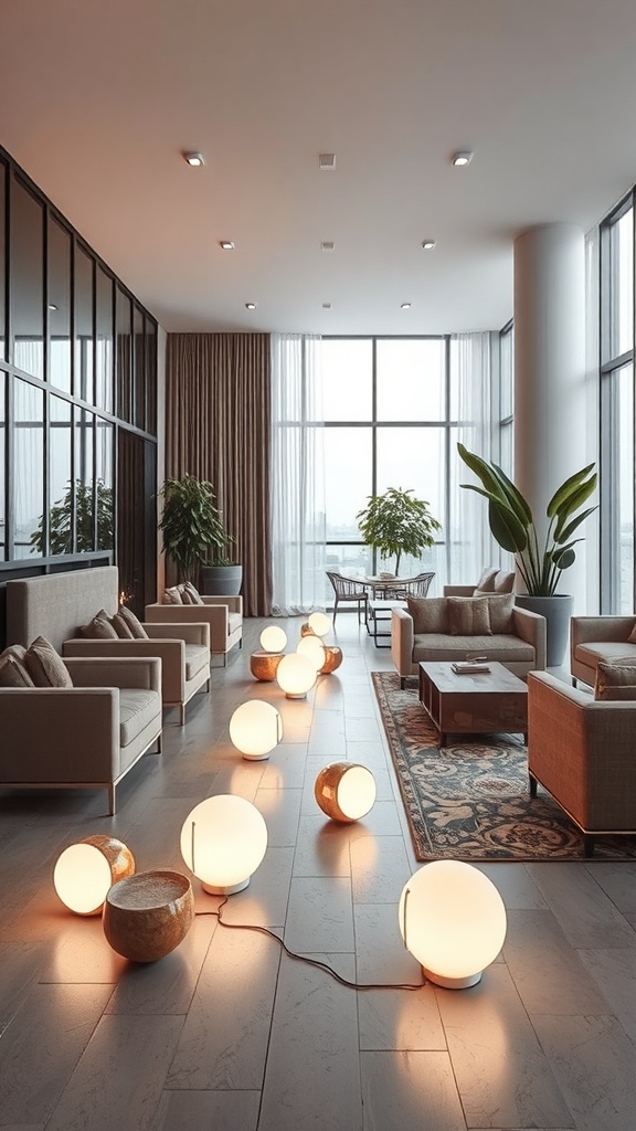 A modern living space featuring unique floor lights with round glowing shapes, dark walls, and large windows.