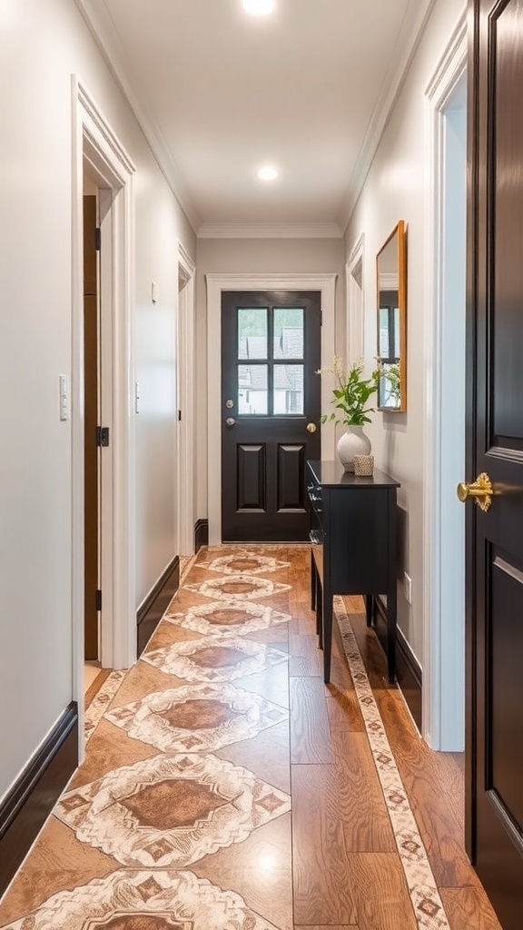 A stylish narrow hallway with patterned flooring, plants, and natural light.