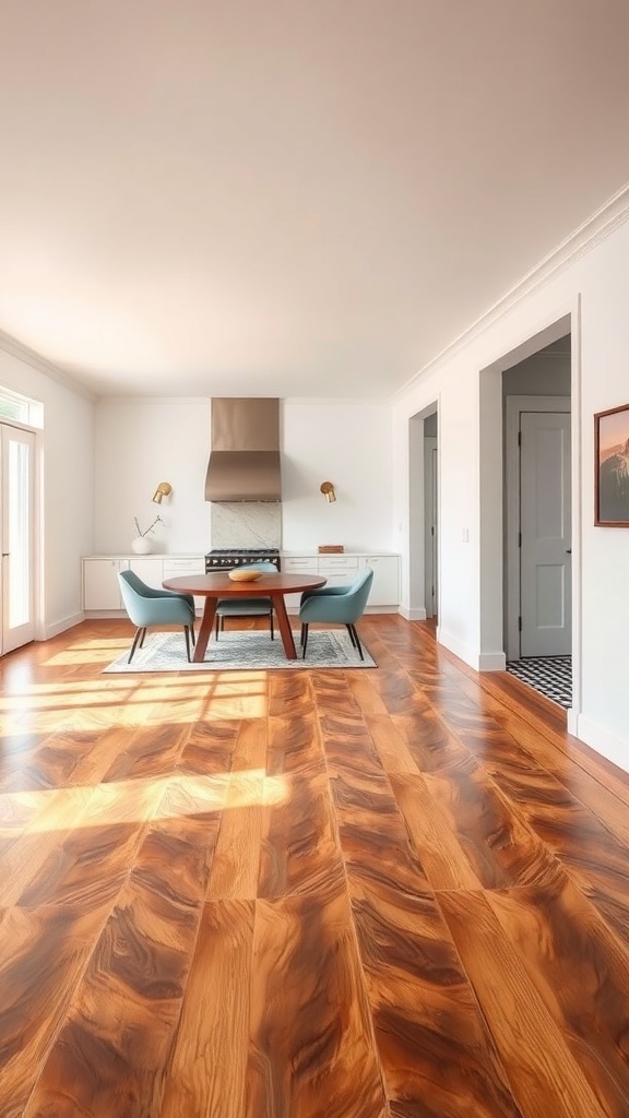 A spacious room featuring warm wood flooring, a round dining table, and modern chairs.
