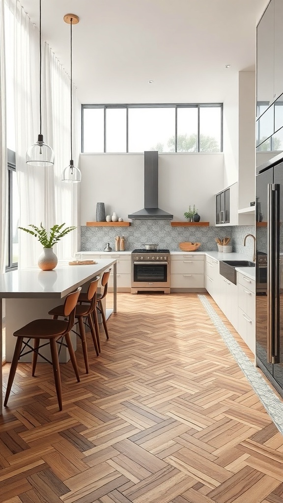 A modern luxury kitchen featuring herringbone wood flooring, white cabinetry, and sleek appliances.