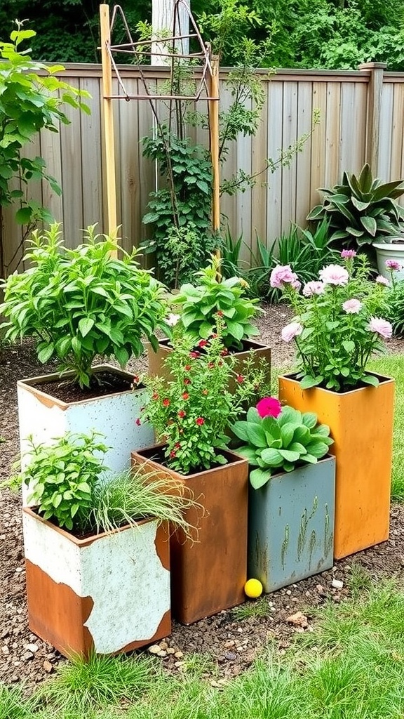 Unique garden planters made from recycled materials, showcasing various plants.