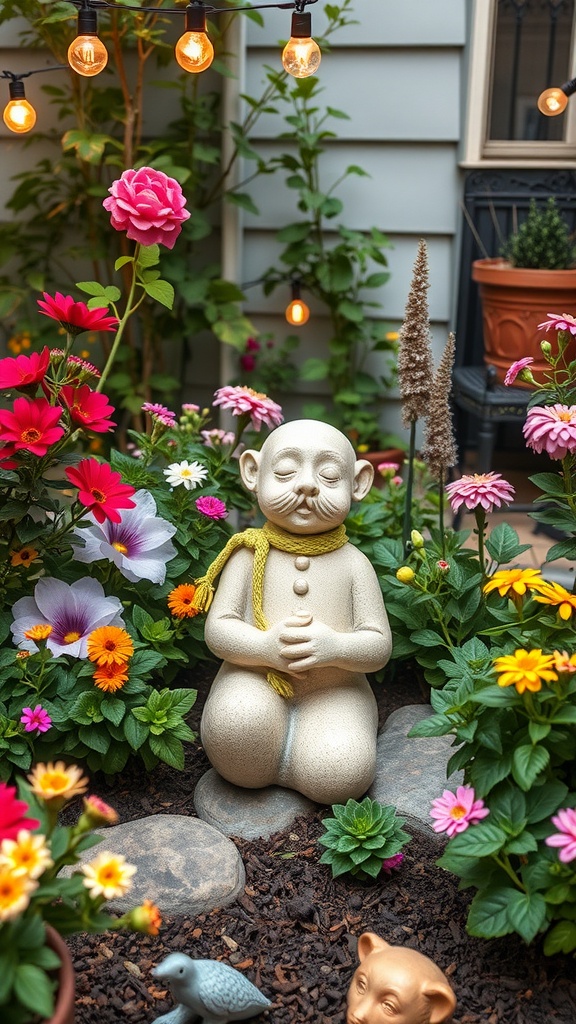 A meditating garden statue surrounded by colorful flowers and plants.