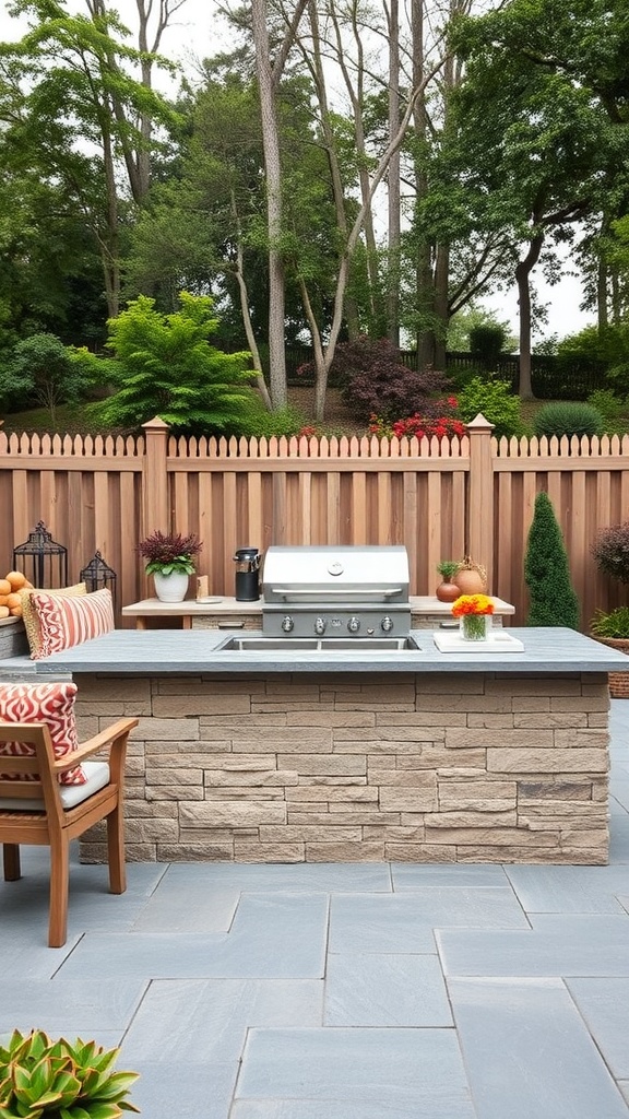 A stylish outdoor grill island with a stone finish, surrounded by greenery and seating.