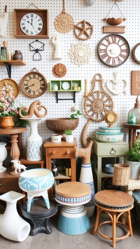 A collection of unique home accessories displayed on a wall, including clocks, decorative items, and furniture pieces.