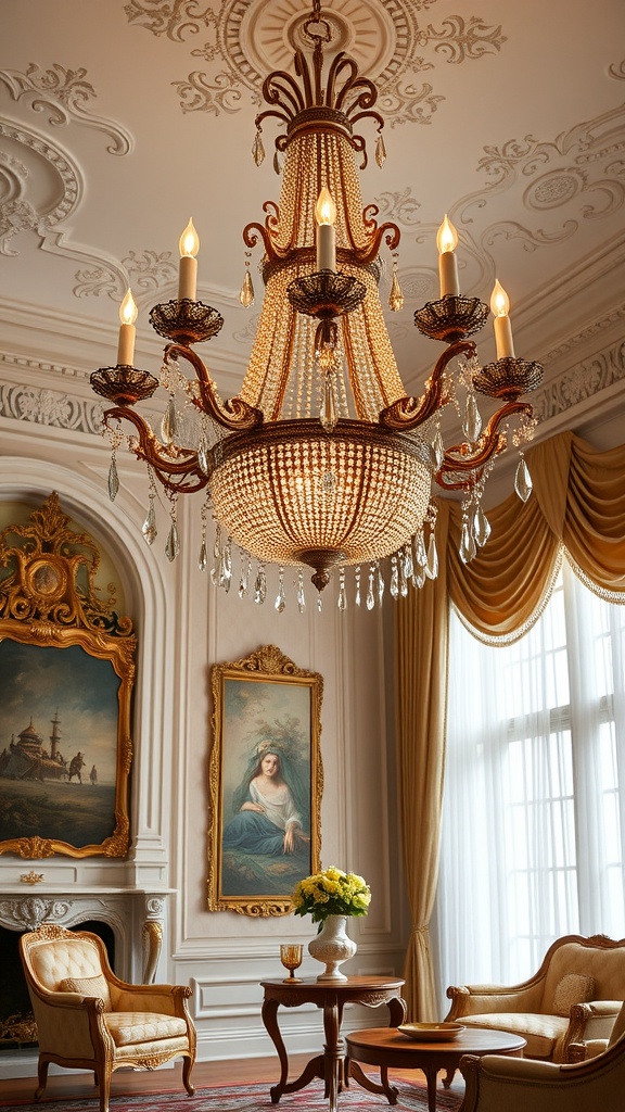 A beautiful Rococo chandelier with crystals and ornate details hanging in a vintage interior.