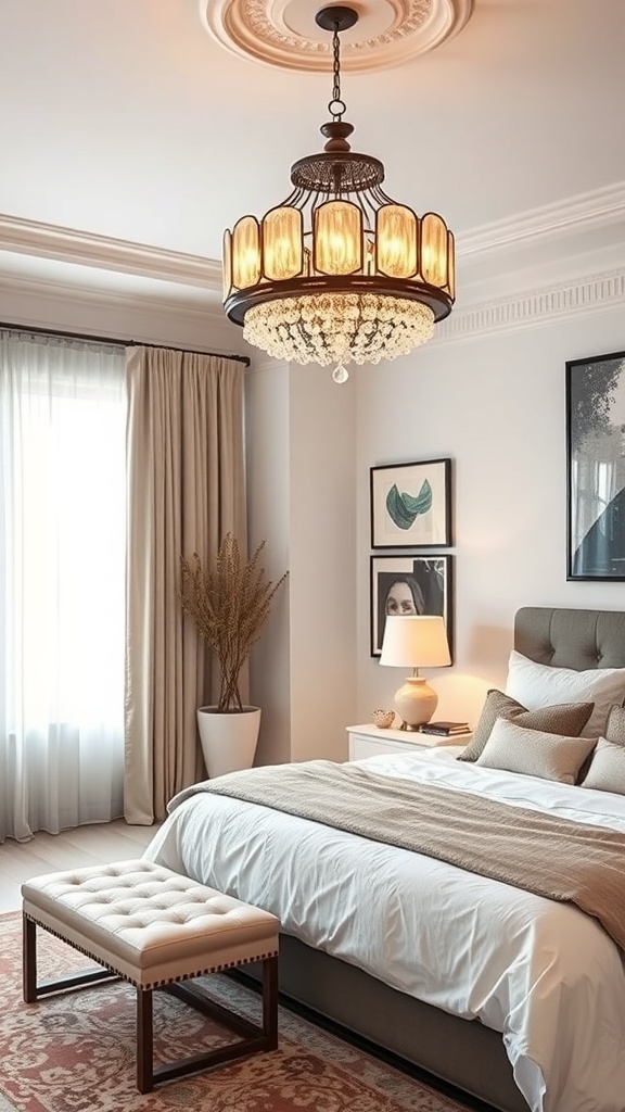 A cozy bedroom featuring a unique chandelier, soft bedding, and warm lighting.