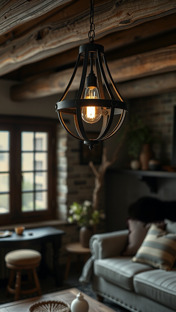 A rustic pendant light hanging from a wooden beam in a cozy living room.