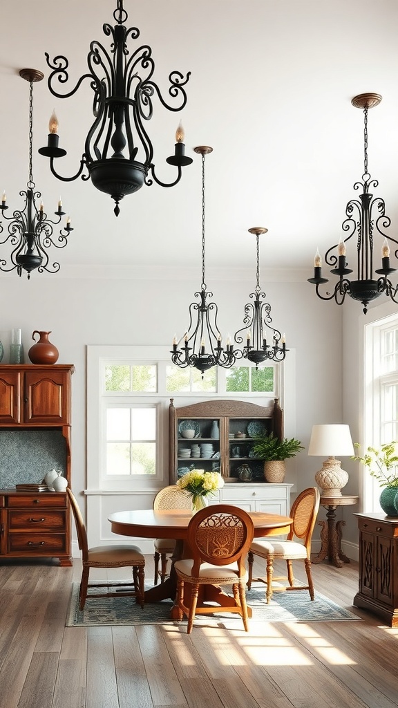 A dining area featuring multiple black Rococo-style chandeliers hanging from the ceiling, with wooden furniture and a bright, airy atmosphere.