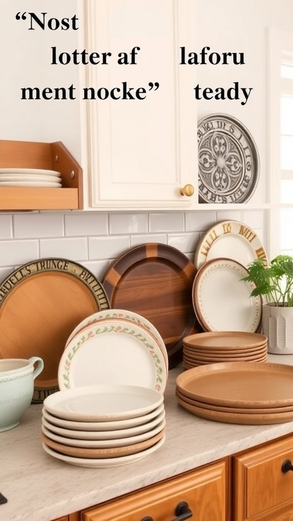 A collection of unique serving platters in various materials and styles, neatly arranged in a kitchen.