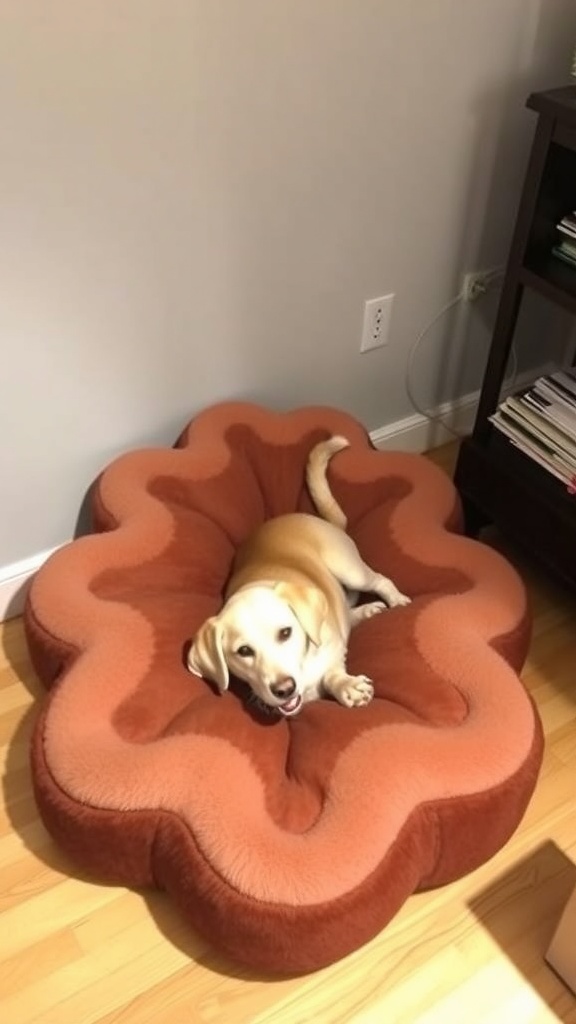 A cozy dog bed shaped like a paw with a happy dog lounging on it.