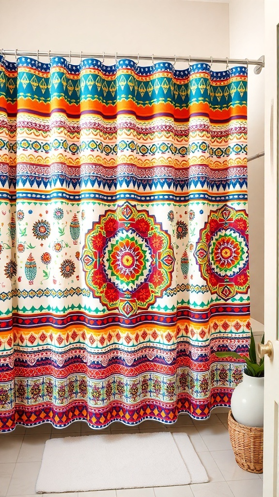 A colorful bohemian shower curtain featuring intricate patterns and designs.