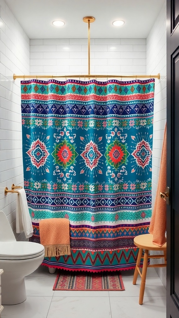 A colorful bohemian shower curtain in a bright bathroom setting.