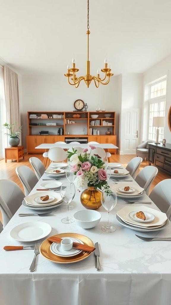 A beautifully arranged dining table with a floral centerpiece, elegant tableware, and a warm, inviting atmosphere.