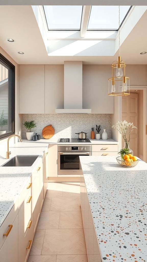 A modern kitchen featuring unique terrazzo countertops with a speckled pattern, natural light from a skylight, and warm cabinetry.