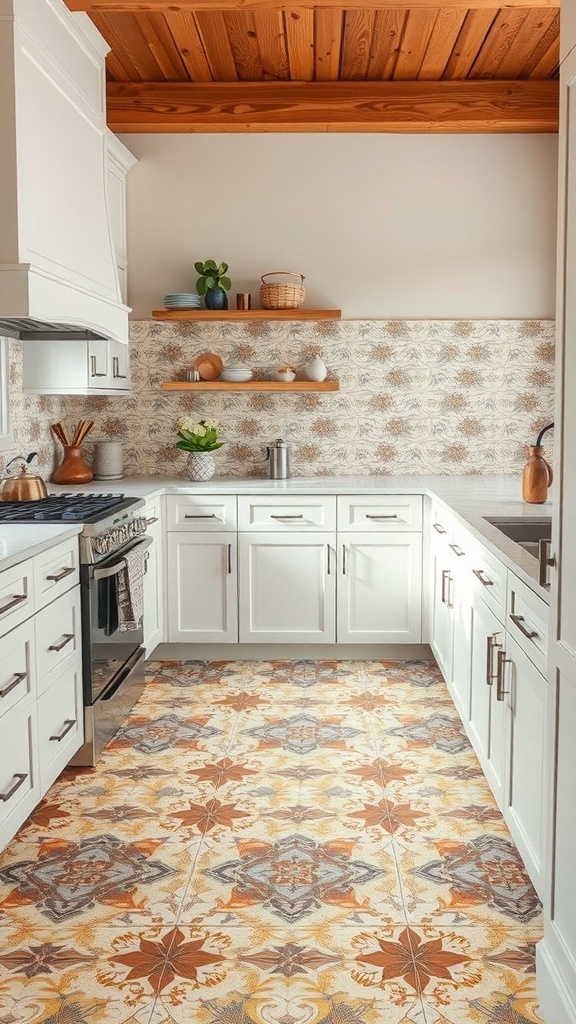 Modern kitchen with unique tile patterns on the floor, featuring white cabinetry and wooden beams.