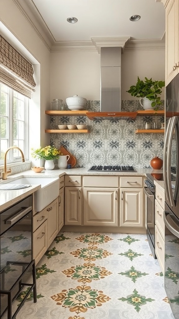 A modern kitchen with marble tile flooring and dark cabinetry, featuring gold fixtures and a stylish design.