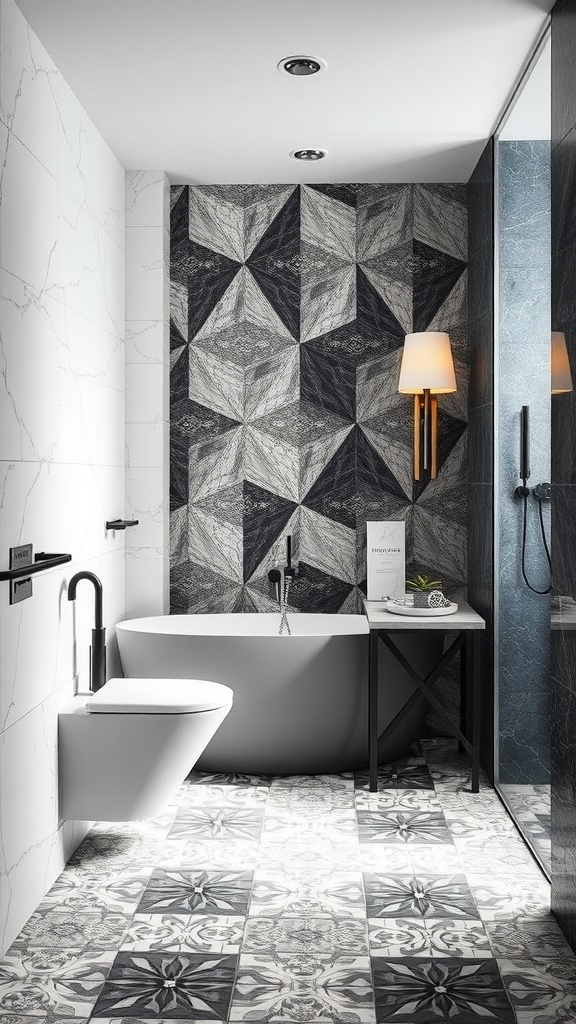 A modern bathroom featuring unique tile patterns on the walls and floor, showcasing a blend of geometric and floral designs.