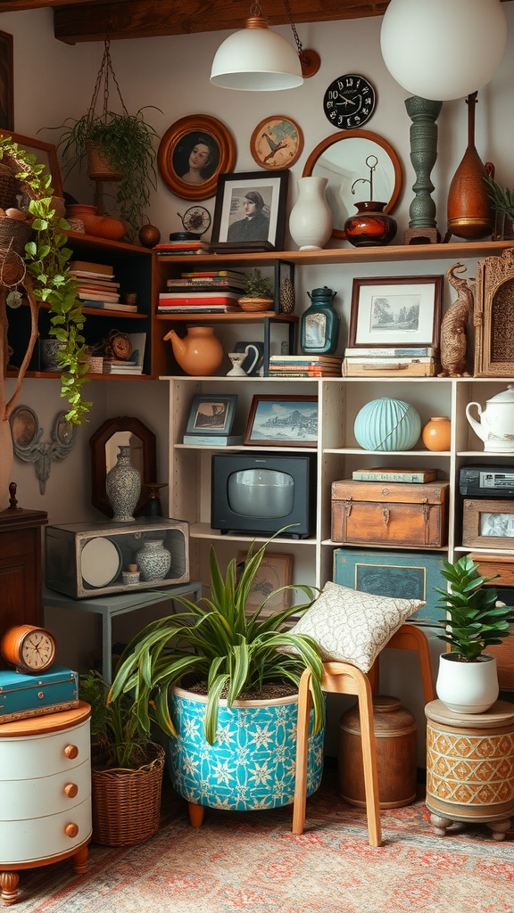 A cozy vintage decor setup featuring various unique items like plants, books, and decorative objects.