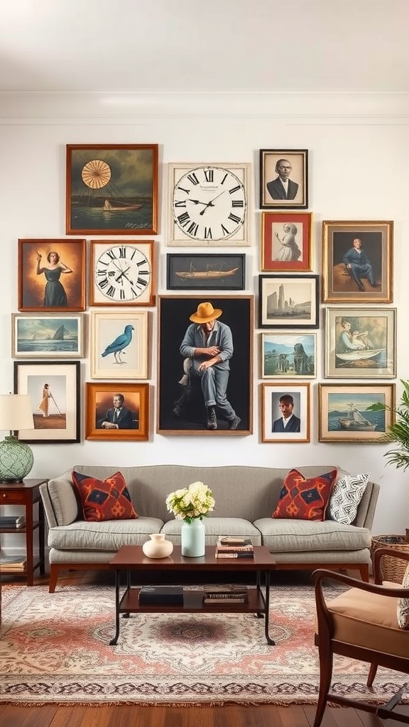A cozy living room with a gallery wall of vintage art and clocks, featuring a gray sofa with colorful pillows and a coffee table.