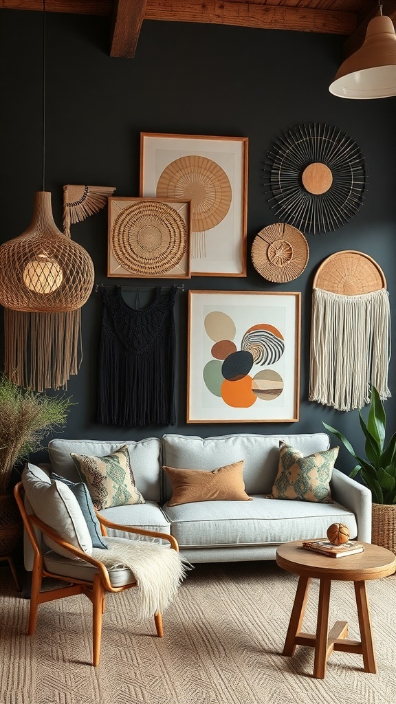 A cozy living room with unique wall art, featuring woven pieces and framed prints on a dark wall.