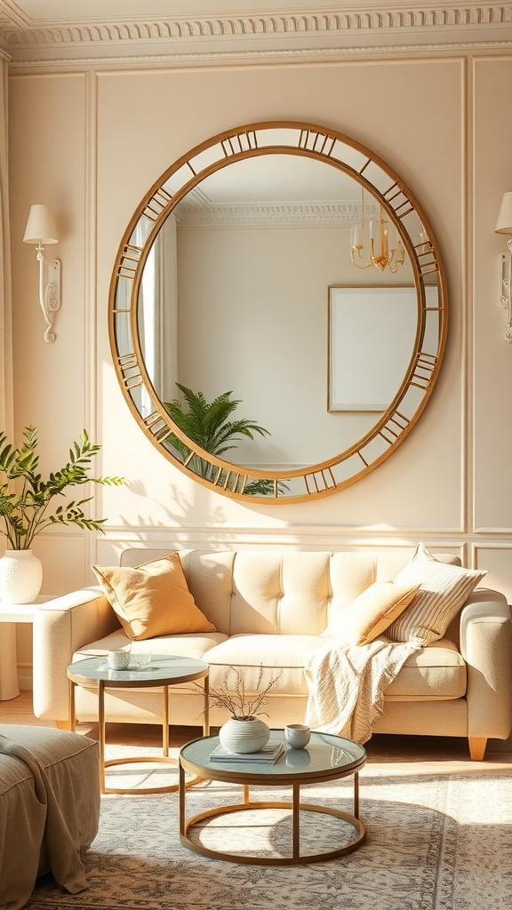 A stylish Art Deco living room featuring a large round wall mirror with a gold frame, a cozy sofa, and elegant decor.