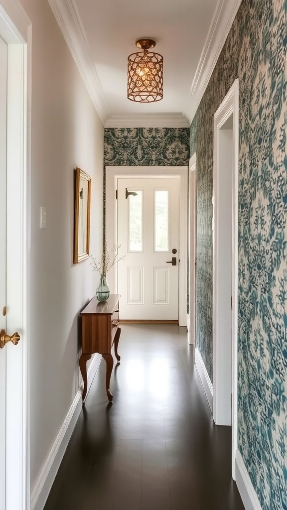 Stylish hallway with patterned wallpaper, modern lighting, and herringbone flooring.