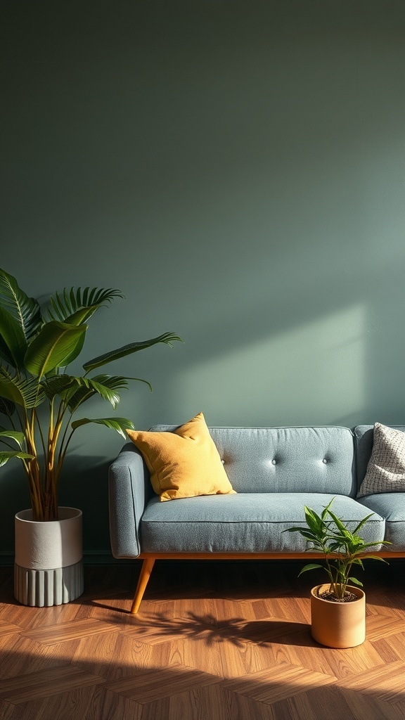 Ein gemütliches Wohnzimmer mit einer grünen Wand, einem blauen Sofa und Pflanzen