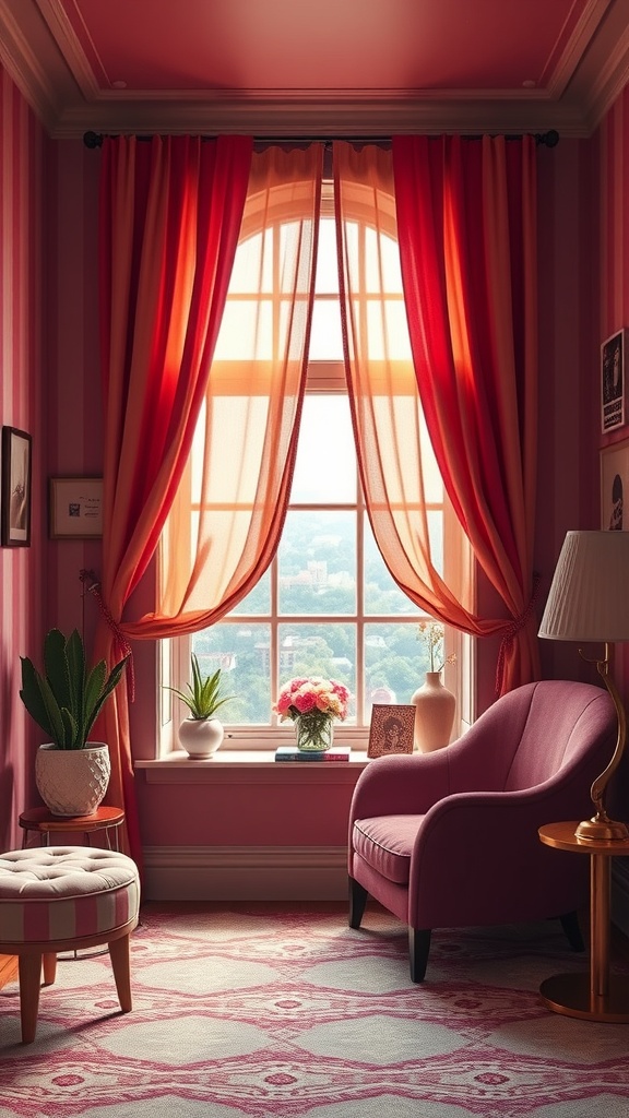 A cozy room featuring layered red and orange curtains, a pink chair, and a stylish window view.