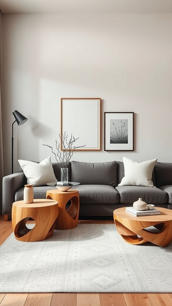 A cozy living room with gray sofa and unique wooden side tables.