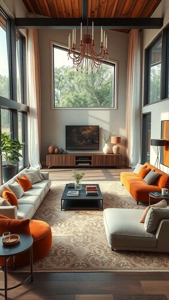 Ein stilvolles Wohnzimmer mit unkonventioneller Möbelanordnung, großen Fenstern und einer warmen Farbpalette.