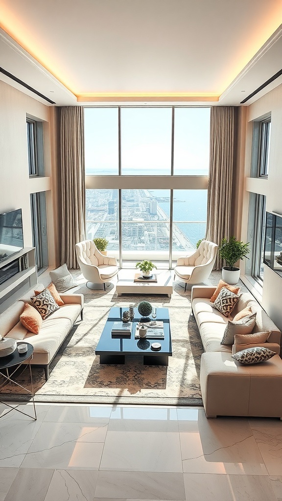 Ein stilvolles Wohnzimmer mit großen Fenstern und modernen Möbeln.
