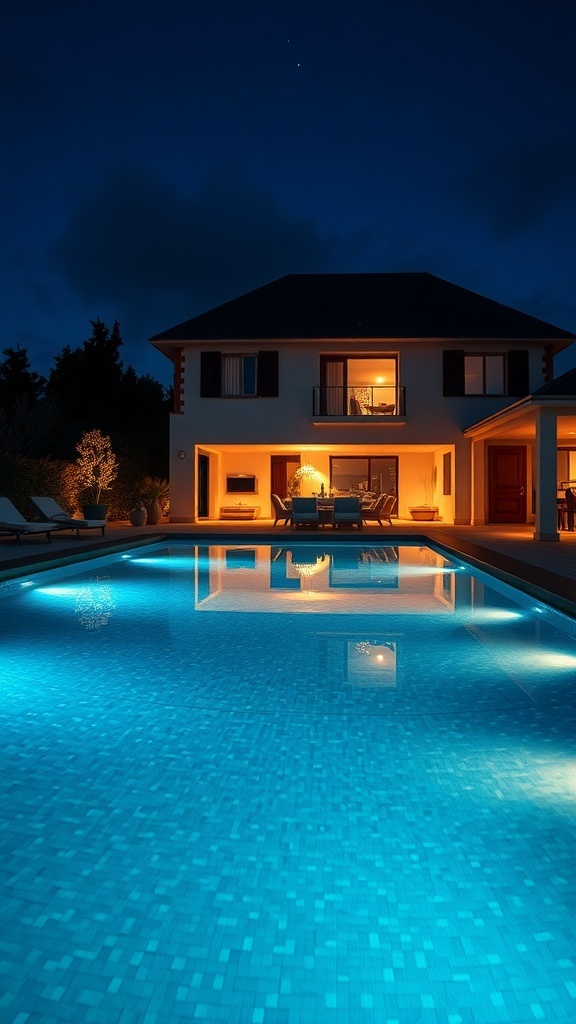 Ein beleuchteter Pool bei Nacht mit einem modernen Haus im Hintergrund