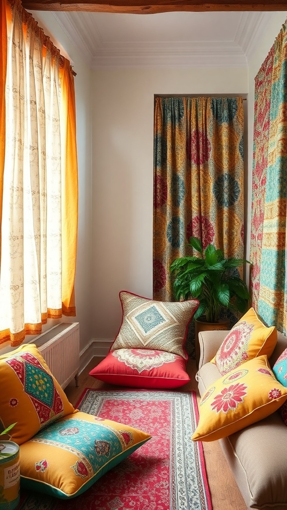 Cozy living room with colorful upcycled fabric textiles, including cushions and curtains.