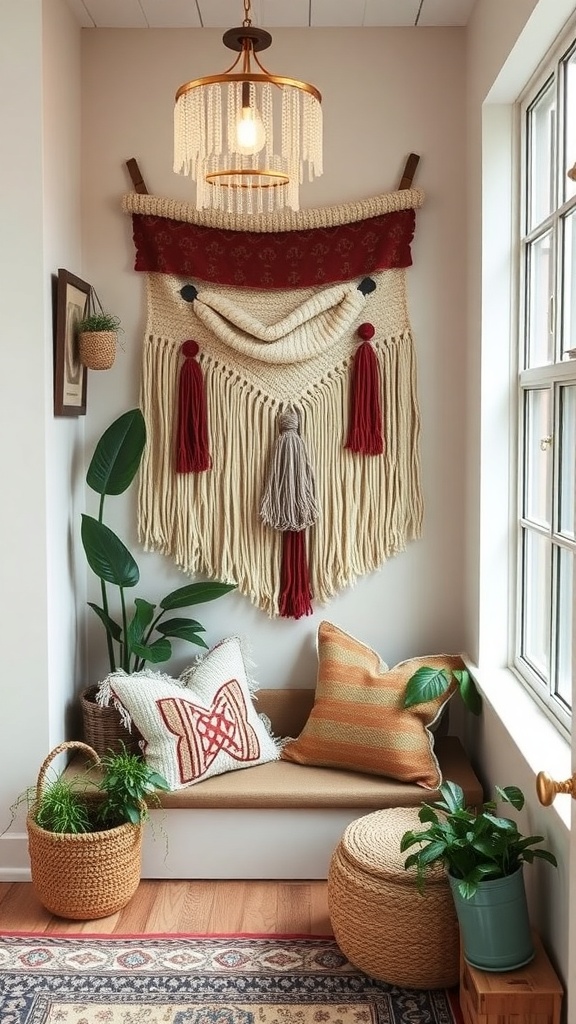 A cozy corner featuring an upcycled fabric wall hanging with plants and cushions.