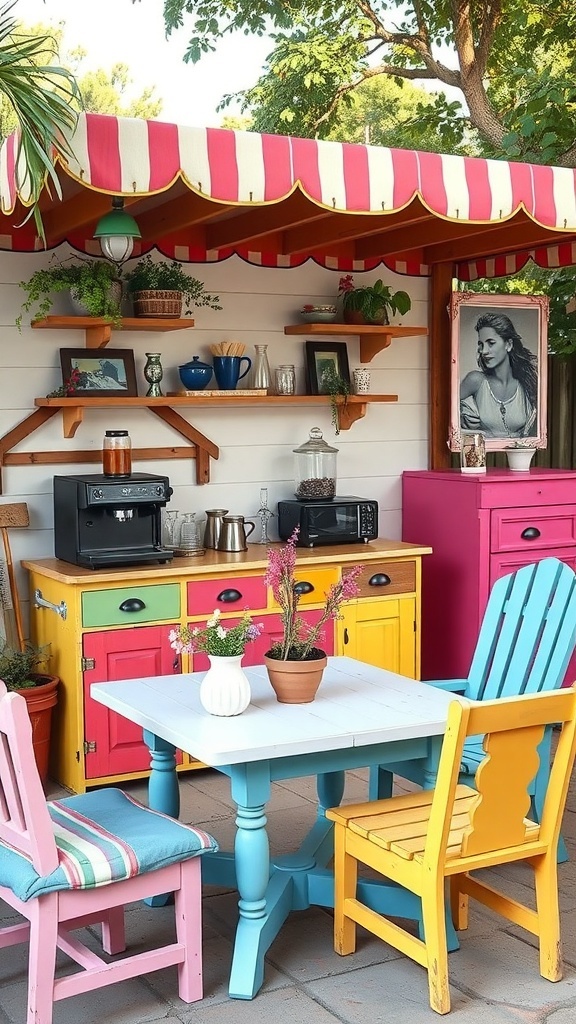 A colorful outdoor coffee bar featuring upcycled furniture with a striped awning and vibrant decor.