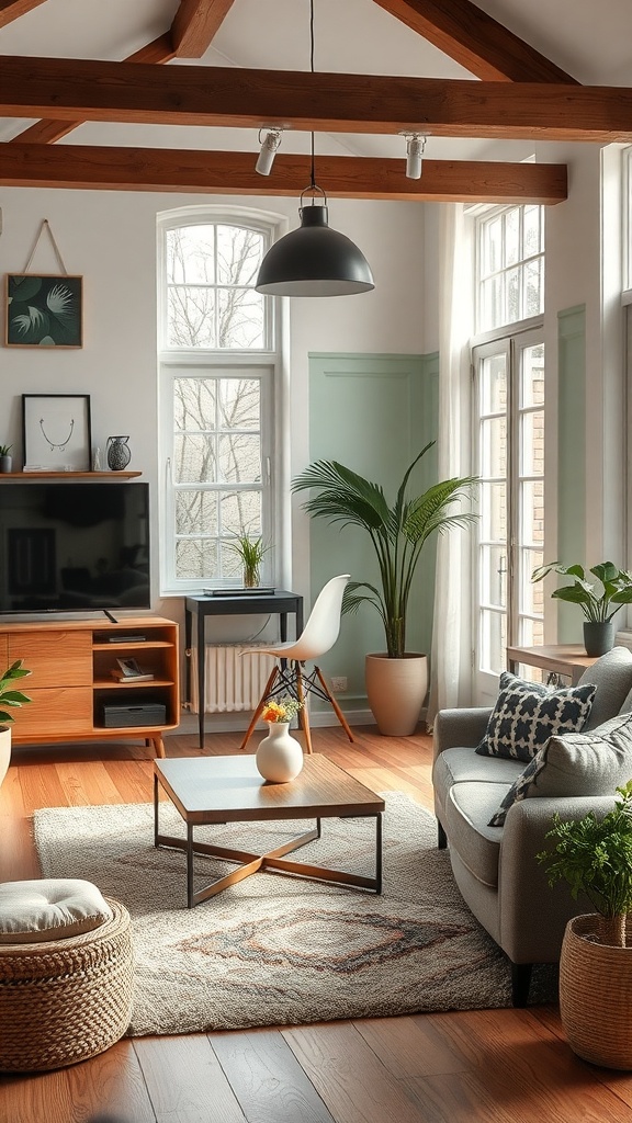 A cozy living room with upcycled furniture, featuring wooden beams, large windows, and plants.