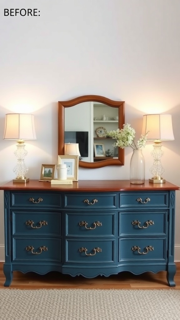 Before image of a dresser with a wooden top and blue painted body, featuring elegant hardware.
