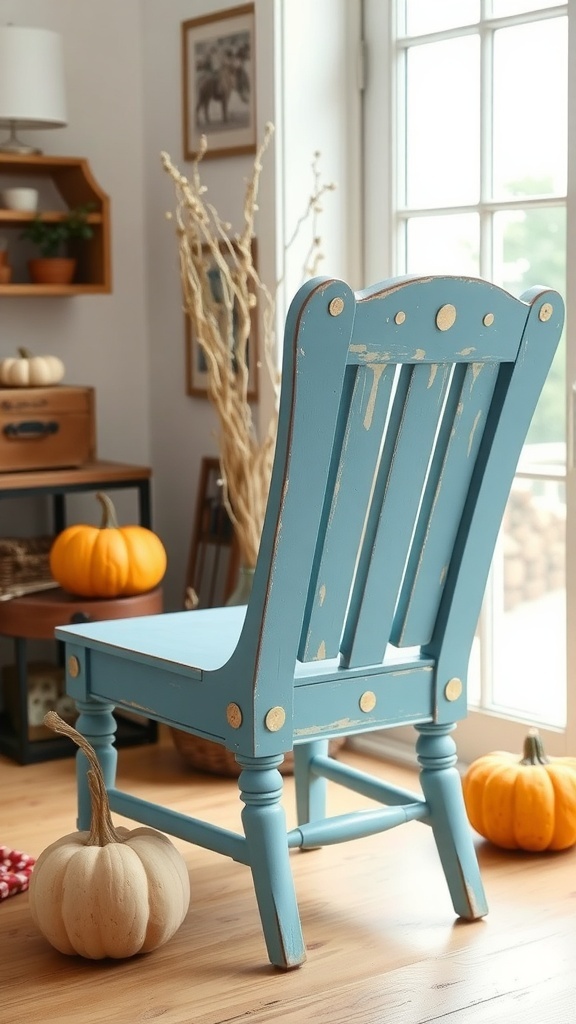 A blue upcycled chair with a distressed finish, surrounded by pumpkins in a cozy room.