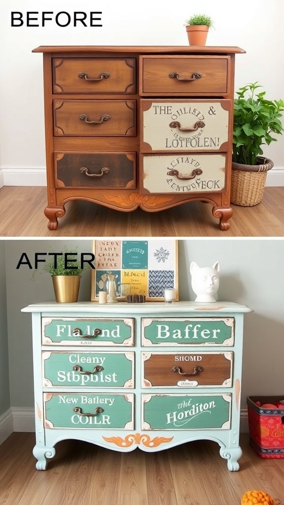 Before and after images of a dresser makeover, showing a traditional wooden dresser transformed into a colorful, quirky piece.