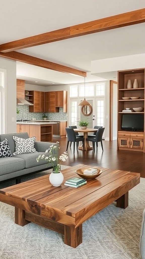 A cozy living room featuring an upcycled wooden coffee table, modern chairs, and a stylish sofa.