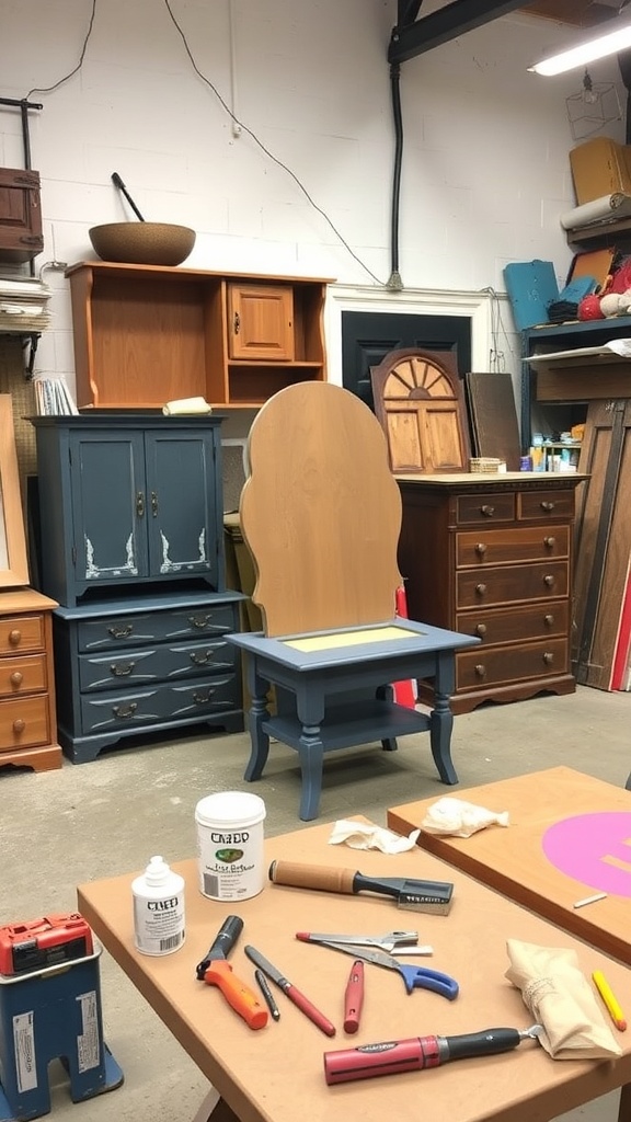 A cozy workshop filled with various furniture items, showcasing upcycled projects.