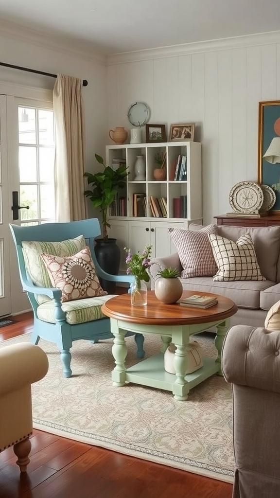 A cozy living room featuring upcycled furniture, including a blue chair and a green table.