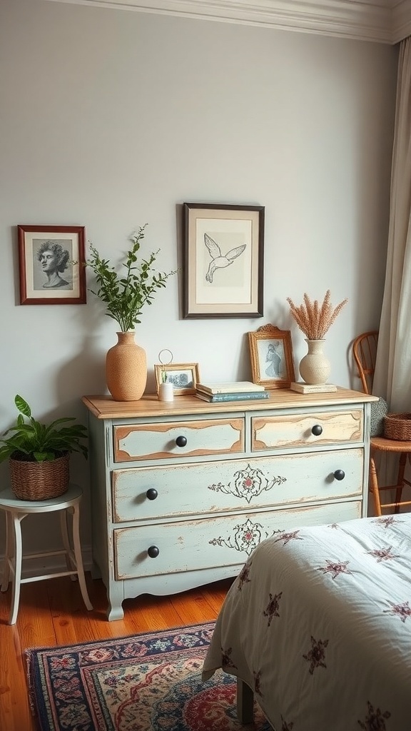 A beautifully upcycled blue dresser with floral designs, surrounded by potted plants and framed artwork in a cozy bedroom.
